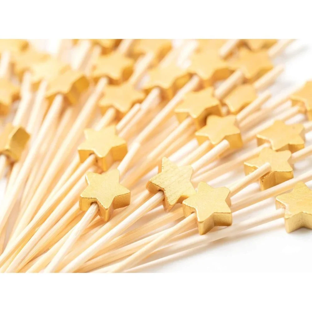 Premium Bamboo Cocktail Picks - 100 Eco-Friendly, Gold Star Sticks for Events